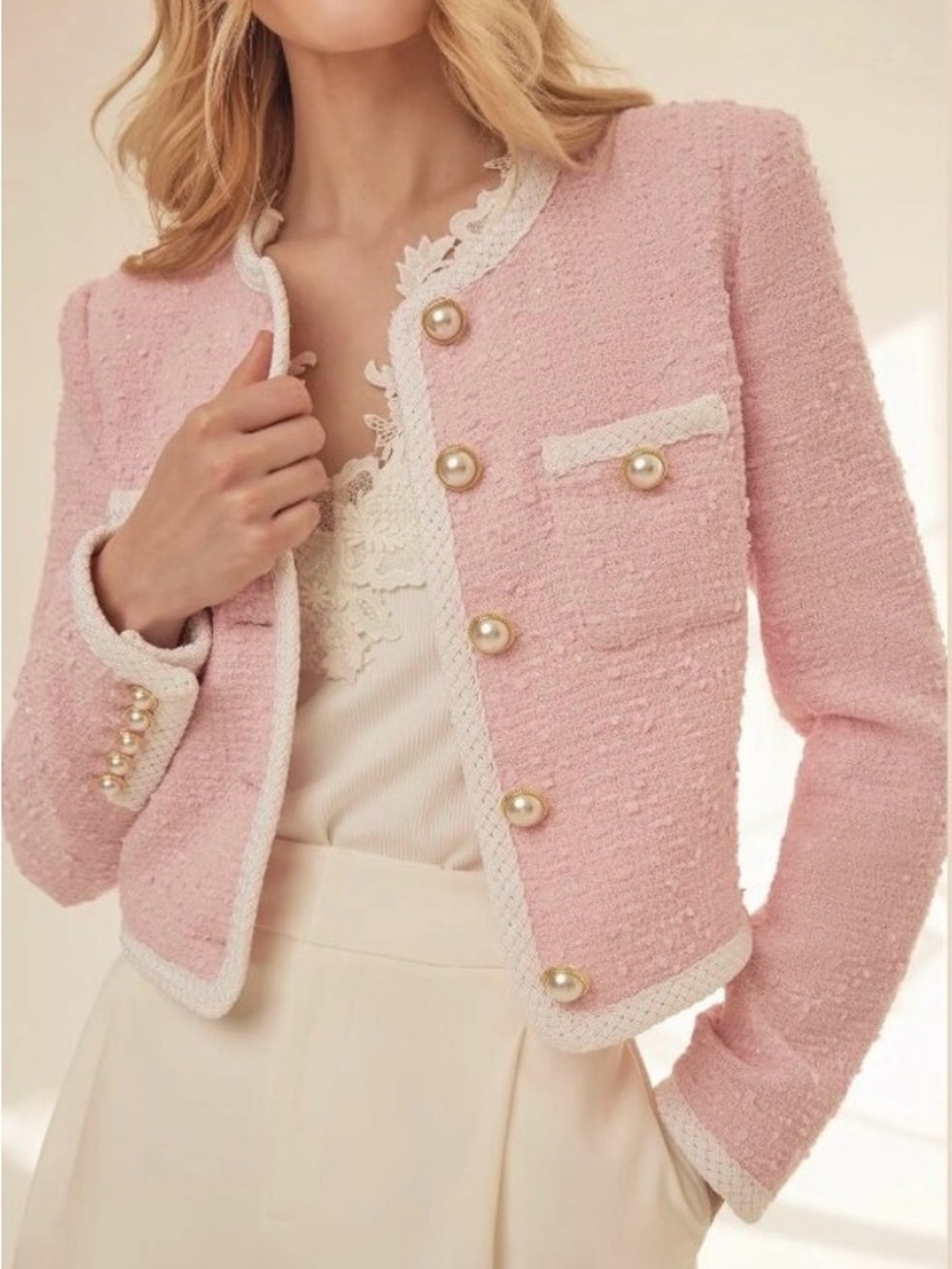 Generation Love Amber Tweed Jacket in 
Ballet Slipper Light Pink Boucle NEW L - Picture 6 of 9